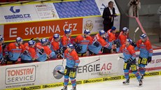 Hokejisté eských Budjovic oslavují jeden z devíti gól do sít Prostjova.