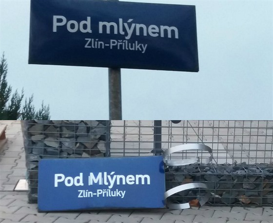 Cedule s názvem ulice Pod Mlýnem je ve Zlín k vidní i v chybné variant.