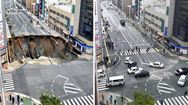Rozshl propad v centru japonsk Fukuoky se podailo za jedin tden odstranit. (15. listopadu 2016)