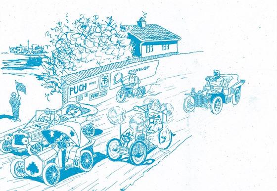 Jedna z ilustrací z knihy Jana Králíka: Za ohradou sn - motorové opojení...