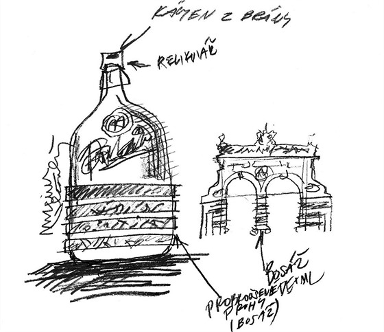 První skica aukních pivních lahví Maxima Velovského