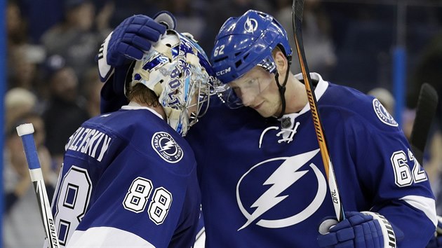 Andrej ustr a brank Andrej Vasilevskij slav vtzstv svho tmu Tampa Bay Lightning.