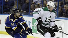 Radek Faksa (vpravo) z Dallasu kontroluje puk před Robertem Bortuzzem ze St.... Radek Faksa (vpravo) z Dallasu kontroluje puk před Robertem Bortuzzem ze St....