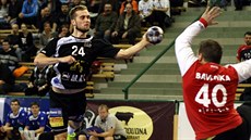 Plzeňský házenkář David Poloz pálí na brněnskou branku. Plzeňský házenkář David Poloz pálí na brněnskou branku.