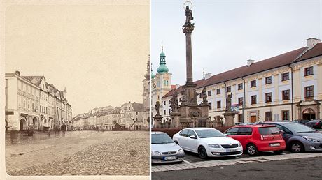 Velké námstí v Hradci Králové v roce 1868 a na aktuálním snímku