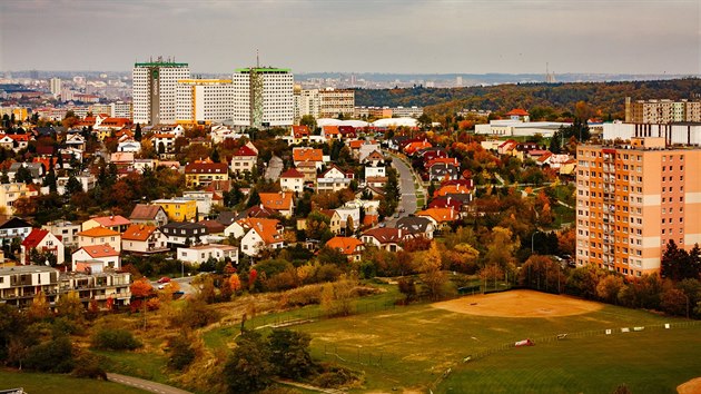 Vilky ve tvrtch Kamk a Libu. Trojice vk se zaala stavt jako budouc vysokokolsk koleje, msto pokoj student jsou tu ale kancele. erven stecha s viki pod levm z vk pat usedlosti Nov Dvory, kde v lednu 2006 zastelili "kmotra" Frantika Mrzka. Podzimn zbarven stromy rostou v krskm lese. (7. prosince 2016)