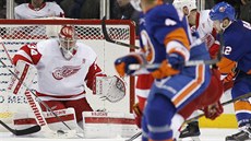 Branká Detroitu Petr Mrázek zasahuje v utkání proti New York Islanders.