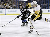 Jevgenij Malkin z Pittsburghu stl, jeho ponn sleduje Ondej Palt z...