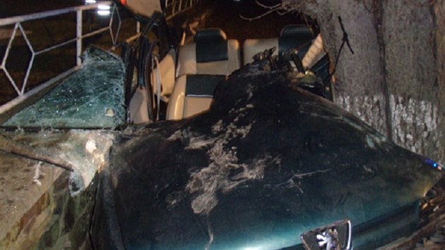 Pi havrii ve Vtkov na Opavsku se tce zranili dva mlad mui. Peugeot skonil zaklnn mezi stromem a zdkou (9. prosince 2016).