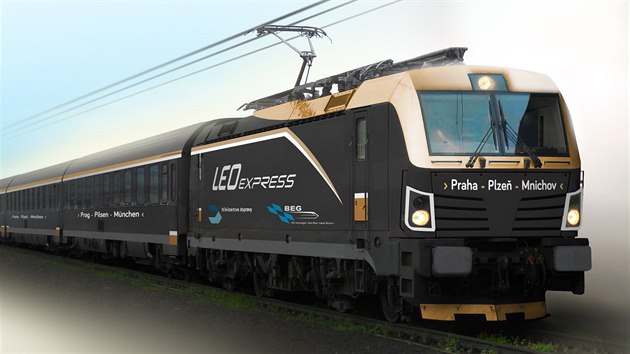 Vizualizace soupravy vlaku Leo Express, s kterm chce jezdit mezi Prahou a Mnichovem a Prahou a Chebem.