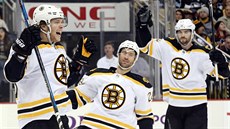 David Pastrňák, Dominic Moore a Adam McQuaid (zleva) se radují z gólu Bostonu. David Pastrňák, Dominic Moore a Adam McQuaid (zleva) se radují z gólu Bostonu.