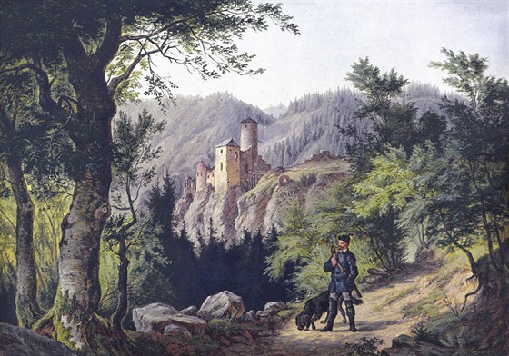 Hrad Stekov od jihu. Doerellova olejomalba na plátn z roku 1860.