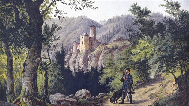 Hrad Stekov od jihu. Doerellova olejomalba na pltn z roku 1860.