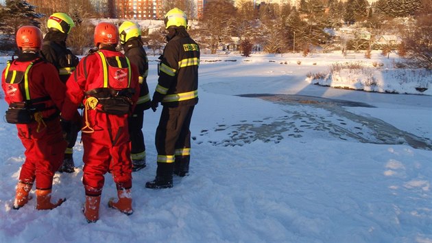 Chlapec se v ptek propadl ledem na rybnku v Sokolov (6. ledna 2016).