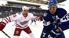 Leo Komarov (vpravo) z Toronta bojuje o puk s Jonathanem Ericssonem z Detroitu... Leo Komarov (vpravo) z Toronta bojuje o puk s Jonathanem Ericssonem z Detroitu...