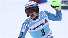 Henrik Kristoffersen a jeho radost v cíli slalomu v Adelbodenu. Henrik Kristoffersen a jeho radost v cíli slalomu v Adelbodenu.