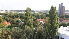 Pohled na pás zelen podél Rokytky, vpravo se tyí mrakodrap Elika.