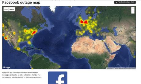 Mapa s hláením problém s pístupem na Facebookové stránky z 13. 1. 2017 kolem...