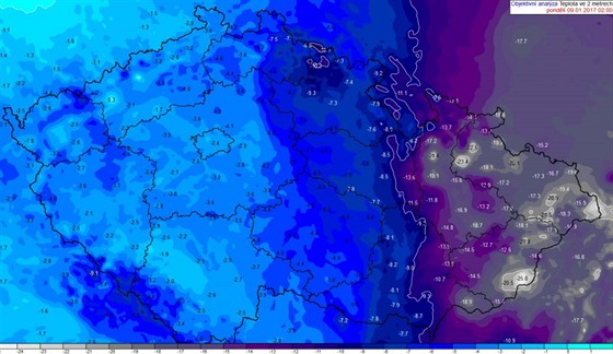 Rozdíl teplot mezi západní a východní ástí eské republiky v pondlí 9. ledna...