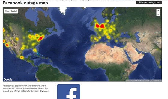 Mapa s hláením problém s pístupem na Facebookové stránky z 13. 1. 2017 kolem...