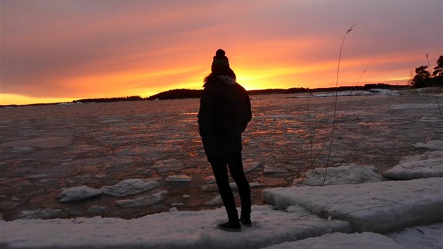 Ve Finsku, za polrnm kruhem, stopoval v metrovch zvjch. Na fotce z 8. nora 2016 zachytil barevn zpad slunce na severu.