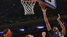 Anthony Davis z New Orleans Pelicans zakonuje v zápase proti New York Knicks.