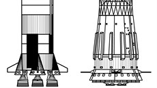 Srovnání raket Saturn 5 (vlevo) a N-1 (vpravo).