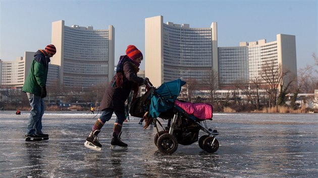 Obyvatel Vdn si uvaj zimnch radovnek na zamrzlm Starm Dunaji, jednom z ramen evropskho veletoku v rakouskm hlavnm mst (21. ledna 2017)