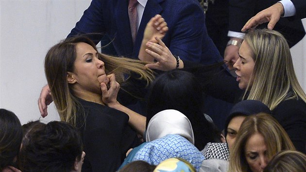 Pi debat o stavnch zmnch v tureckm parlamentu dolo i na fyzick toky. Dv poslankyn musely bt dajn oeteny v nemocnici (19. ledna 2017)