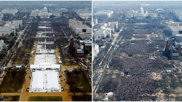 Srovnvac fotografie, kter pohnvala tm Donalda Trumpa. Vpravo inaugurace Baracka Obamy v roce 2009, vlevo Trumpova inaugurace.