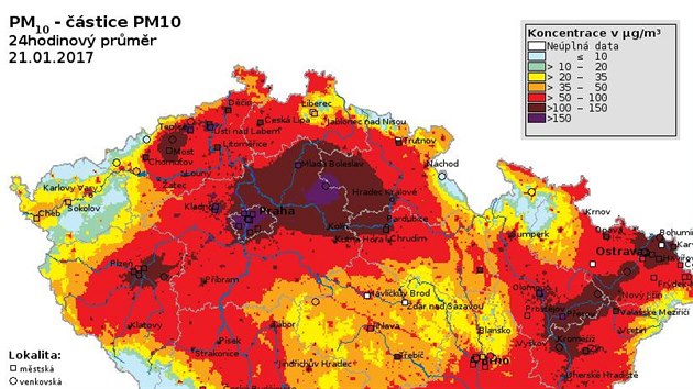 Mapa zneitn mikroskopickm prachem PM 10 (21. lidna 2017).