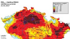 Mapa zneitní mikroskopickým prachem PM 10 (21. lidna 2017).