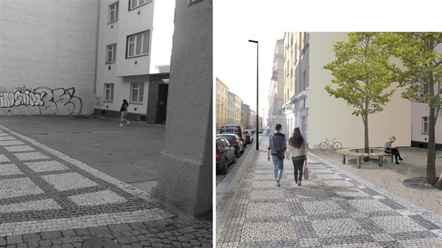 Zabetonovan prostor mezi dvojic dom v Konvov ulici bude vydldn mozaikou a doplnn o stojan pro kola a laviku se stromem.