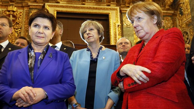 Zprava: nmeck kanclka Angela Merkelov, britsk premirka Theresa Mayov a polsk ministersk pedsedkyn Beta Szydlov na neformlnm summitu EU na Malt (3. nora 2017)