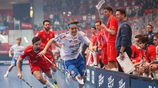 Český florbalista Daniel Šešulka (vlevo v červeném) nahání finského protihráče. Český florbalista Daniel Šešulka (vlevo v červeném) nahání finského protihráče.