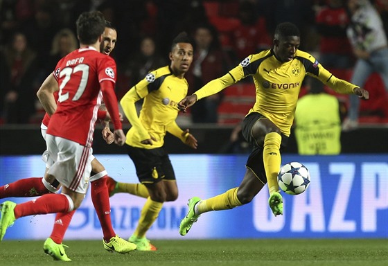 Ousmane Dembélé z Dortmundu v akci bhem utkání Ligy mistr na hiti Benfiky...
