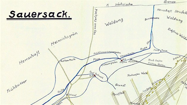 Mapa dlnch dl a vodohospodskho
systmu v cnovm revru Rolava, 1832/1838.