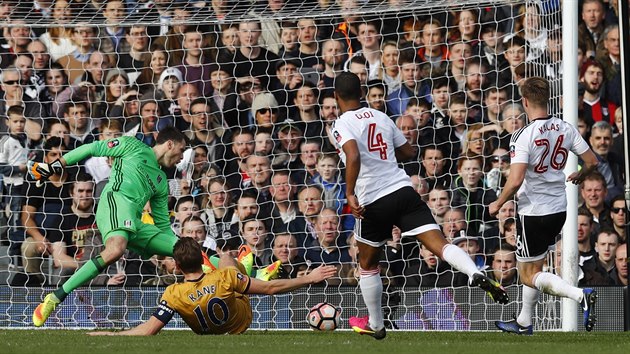 tonk Harry Kane stl gl Fulhamu, esk obrnce Tom Kalas pouze pihl.