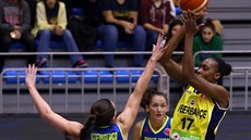 Sandrine Grudaová z Fenerbahce Istanbul střílí přes ruku Anete Šteinbergaové z... Sandrine Grudaová z Fenerbahce Istanbul střílí přes ruku Anete Šteinbergaové z...