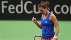 Barbora Strýcová a její radost v utkání Fed Cupu proti Lae Arruabarrenaové.