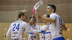 Florbalisté Otrokovic slaví gól. Florbalisté Otrokovic slaví gól.
