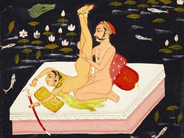 Kresba znázorující akrobaticky nároné intimní hrátky od neznámého indického...