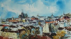 Akvarelová malba zobrazující brnnské panorama od Stanislava Sedláka.