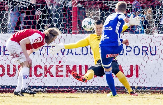 Jakub Plek z Olomouce (v modrém) pekonává pardubického gólmana.