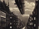 Dobová pohlednice se zeppelinem nad veerním Berlínem