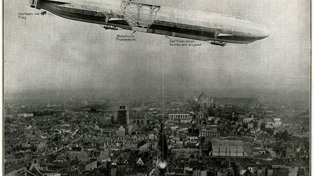 Pohled na bombardujc zeppelin z dobovho tisku. Vimnte si separovanch plynovch oddl. Ve skutenosti to takto vidt nebylo, na vtvarnm dle je pro nzornost odstranna st potahu a sten i kovov konstrukce.