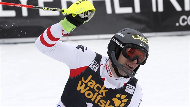Rakuan Michael Matt se raduje v cli slalomu SP v Kranjsk Goe.