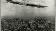 Pohled na bombardující zeppelin z dobového tisku. Vimnte si separovaných...