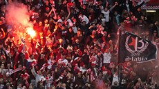 Fanouci Slavie oslavují pi domácím zápase gól proti Plzni.