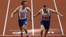 Richard Kilty (vpravo) a Ján Volko v cíli šedesátky na halovém ME v Bělehradě Richard Kilty (vpravo) a Ján Volko v cíli šedesátky na halovém ME v Bělehradě
